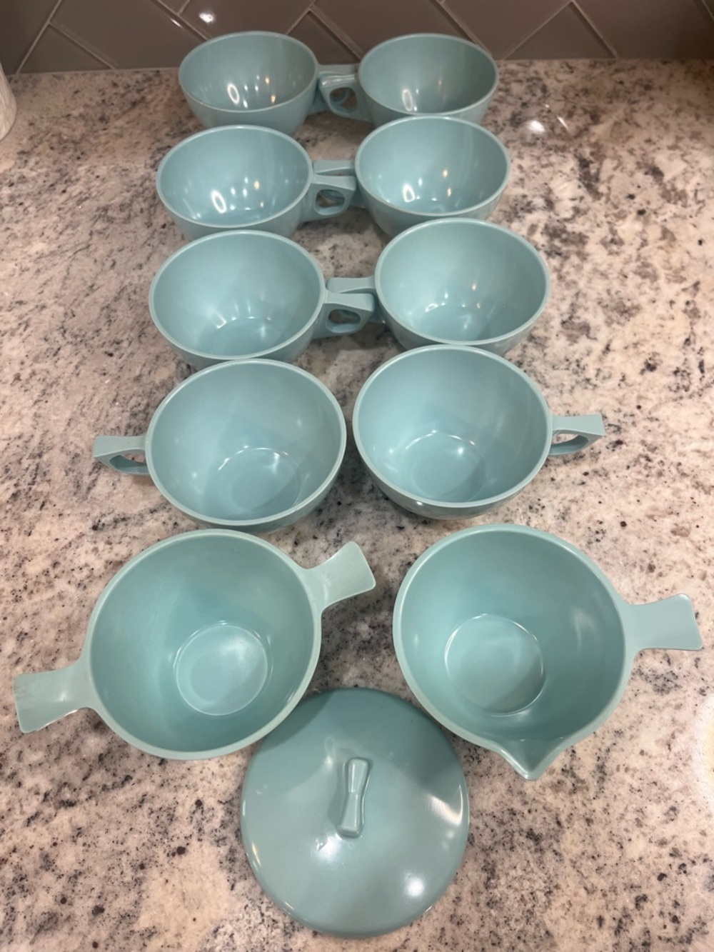 Vintage Stetson Melmac Mugs, Creamer and Sugar Bowl Set - Robin's Egg Blue 11 Pc